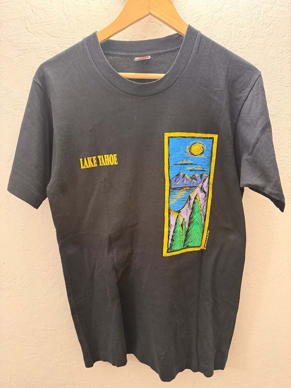 VintageFruit Of The Loom Lake Tahoe Size M Black Graphic T-Shirt